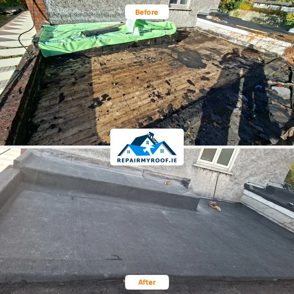 Before and after flat roof repair in Dublin showing old damaged decking fully stripped and re-covered with new felt roofing by RepairMyRoof