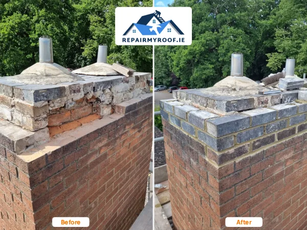 Before and after chimney repair in Dublin showing damaged brickwork caused by root growth replaced and repointed by RepairMyRoof