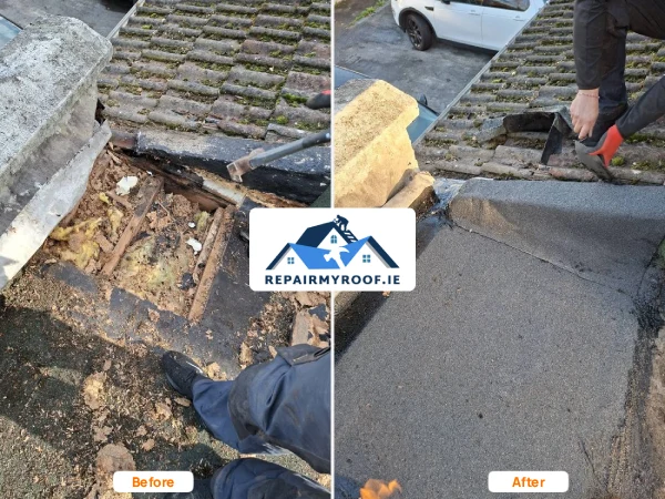 Before and after flat roof leak repair in Dublin showing rotten timber decking replaced with new timber, felt and lead flashing to stop water ingress
