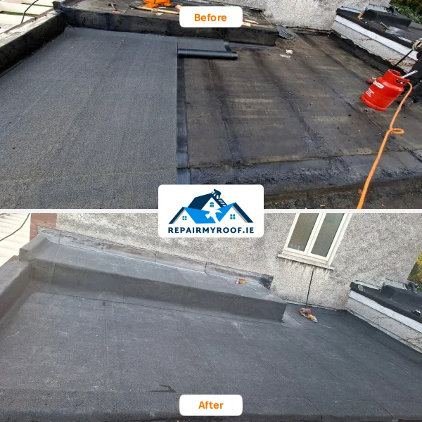 Before and after flat roof repair in Dublin showing worn felt roofing replaced with new torch-on felt using gas torch application