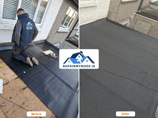 Before and after flat roof repair in Dublin showing new felt roofing installed over a residential extension by RepairMyRoof