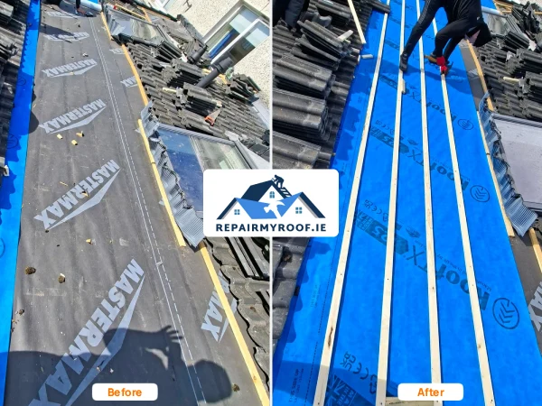 Before and after roofing work in Dublin showing new breathable roofing membrane and batten installation by RepairMyRoof