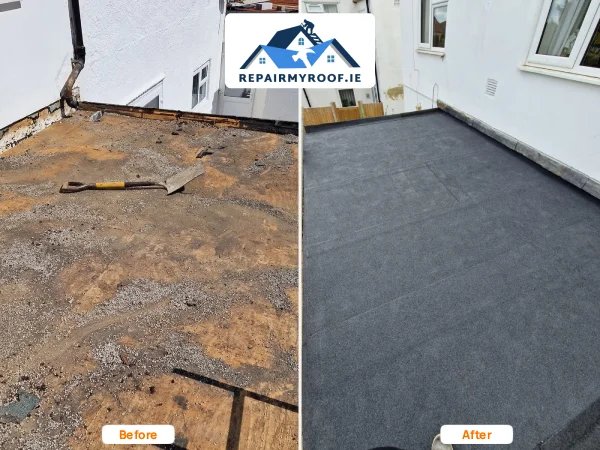 Before and after flat roof repair in Dublin showing old stone chippings removed and new torch-on felt with lead flashing installed by RepairMyRoof